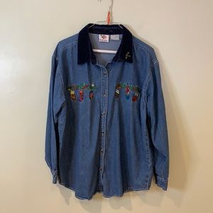 Vintage - Women’s Button Down Blouse  nutcracker Denim Christmas embroidery